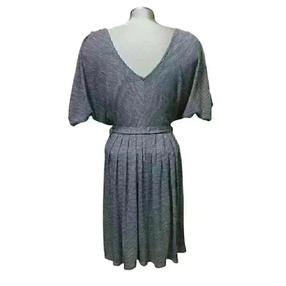 Madigan Dress Mini Striped V-Front Back Tie Belt Black White - Picture 2 of 10